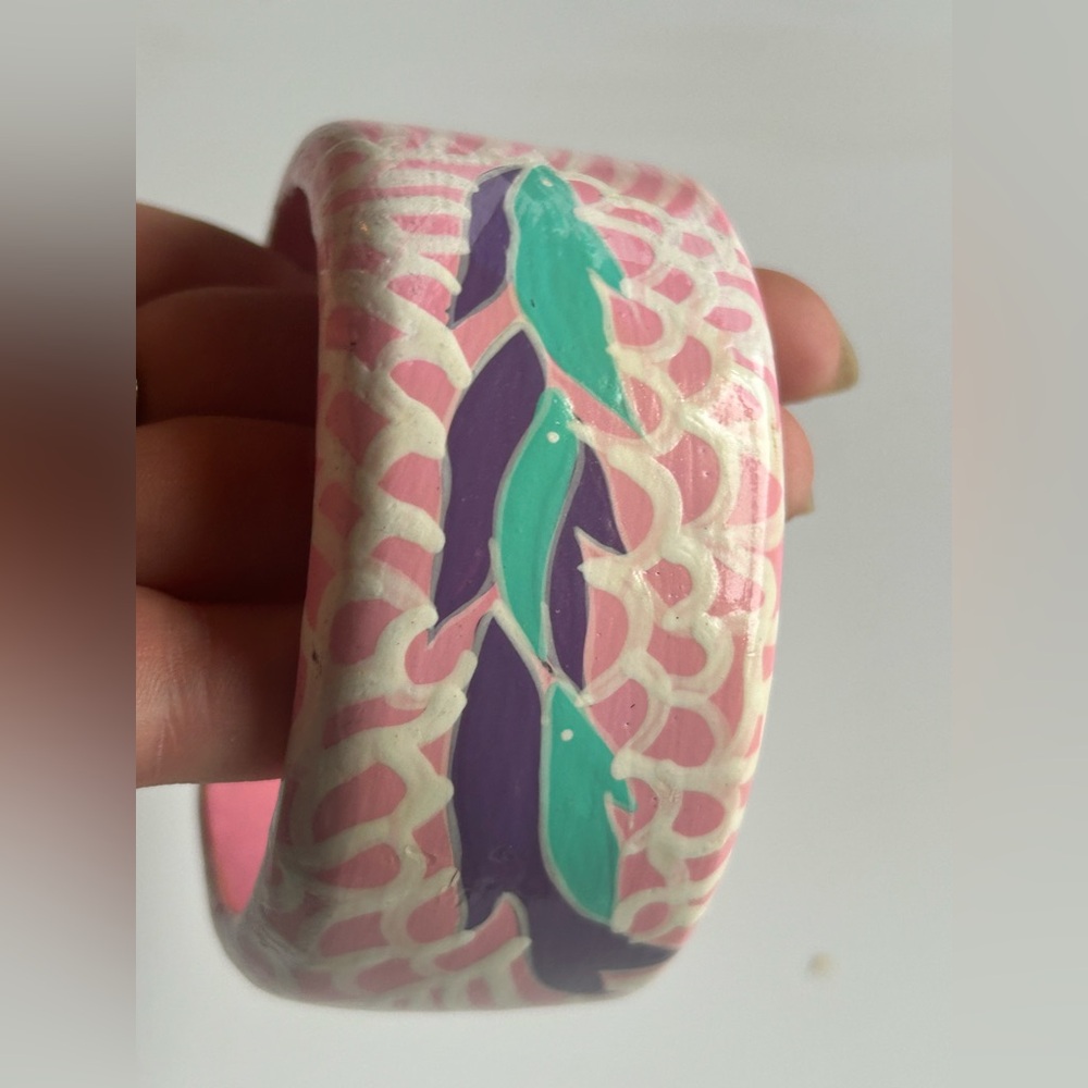 Vintage Hand Painted Wood Bangle Bracelet Pink Blue Abstract Botanical Chunky - Picture 10 of 12